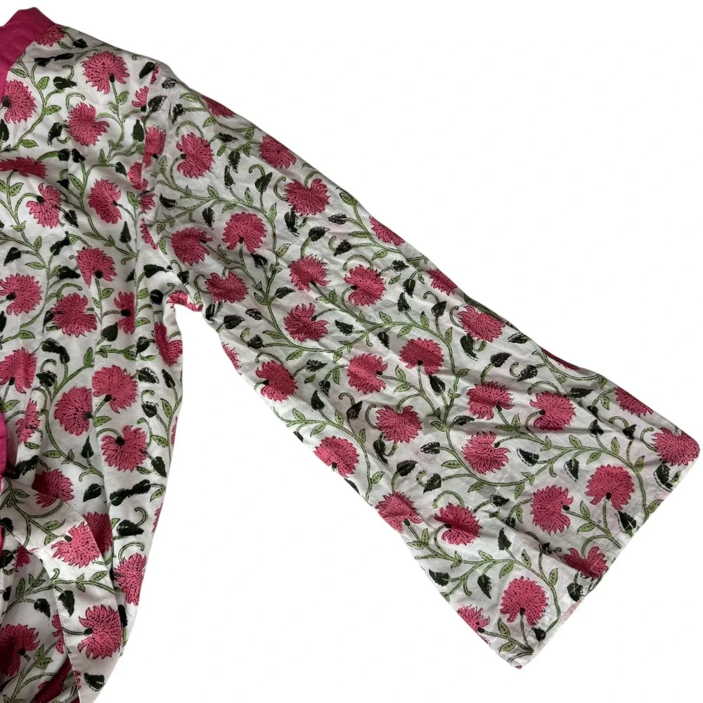 Madison Mathews One Size Floral Print Robe Kimono Pink White Green Cotton‎